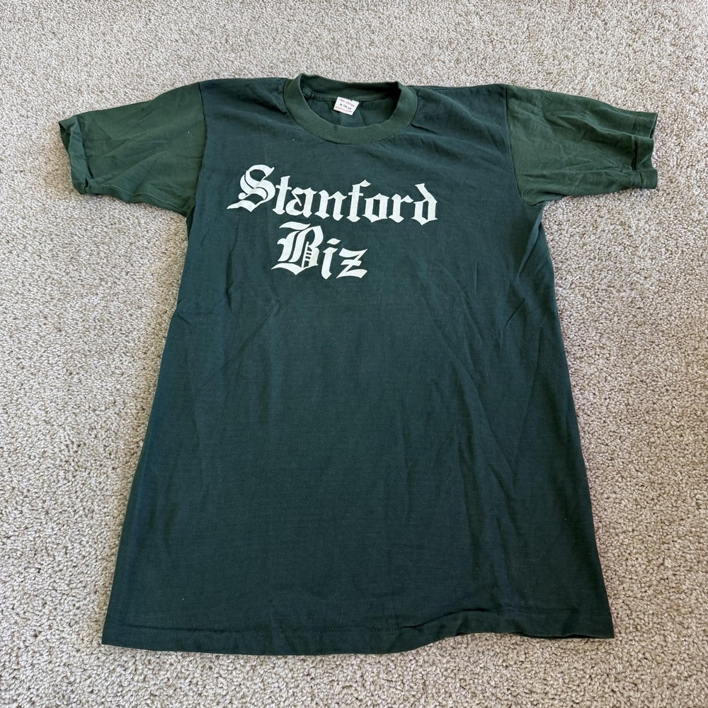 Vintage 60s 70s Stanford Biz Shirt Mens Med Green College University Tee T-Shirt